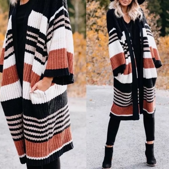 SOLD OUT Boho Striped Long Cardigan Knit Duster Sweater - Picture 3 of 14
